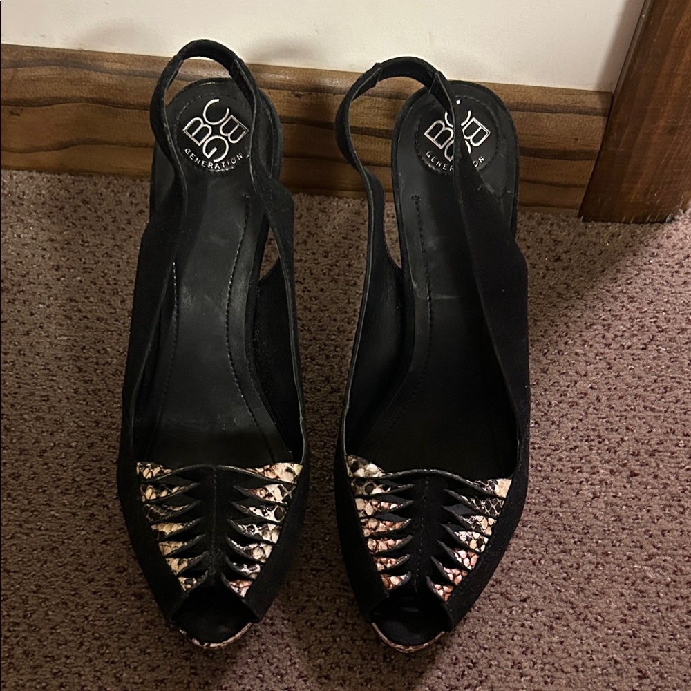 Elegant Black Suede and Animal Print BCBG Generation Peep-Toe Slingback Heels
